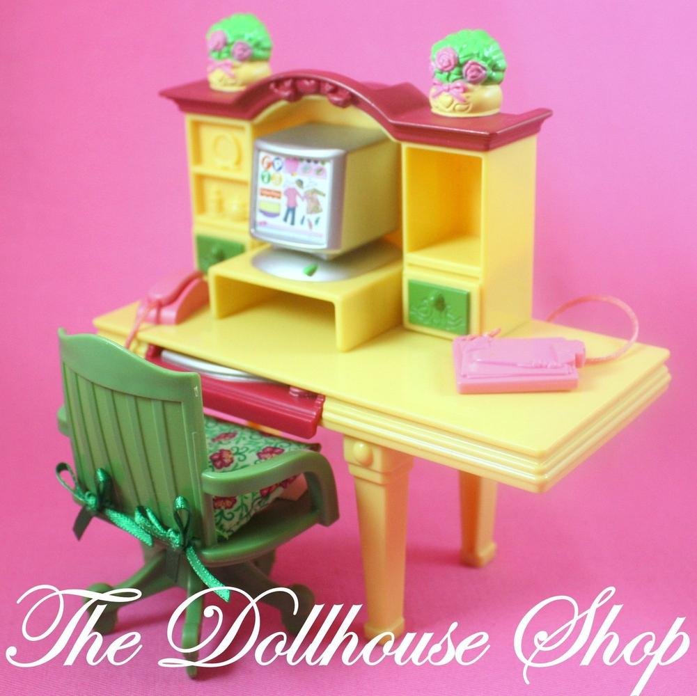 Fisher Price Loving Family Dollhouse Yellow Office Computer Desk Green Chair-Toys & Hobbies:Preschool Toys & Pretend Play:Fisher-Price:1963-Now:Dollhouses-Fisher-Price-Dollhouse,Fisher Price,Kids Bedroom,Loving Family,Office,Used-The Dollhouse Shop