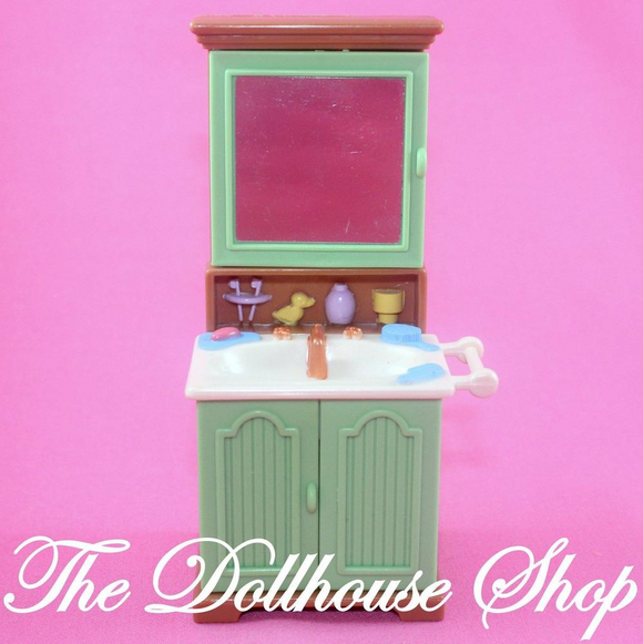 Fisher Price Loving Family Dream Dollhouse Bathroom Vanity Sink with Cabinet-Toys & Hobbies:Preschool Toys & Pretend Play:Fisher-Price:1963-Now:Dollhouses-Fisher-Price-Bathroom,Brown,Dollhouse,Fisher Price,Green,Loving Family,Twin Time,Used-The Dollhouse Shop