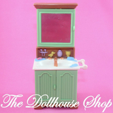 Fisher Price Loving Family Dream Dollhouse Bathroom Vanity Sink with Cabinet-Toys & Hobbies:Preschool Toys & Pretend Play:Fisher-Price:1963-Now:Dollhouses-Fisher-Price-Bathroom,Brown,Dollhouse,Fisher Price,Green,Loving Family,Twin Time,Used-The Dollhouse Shop