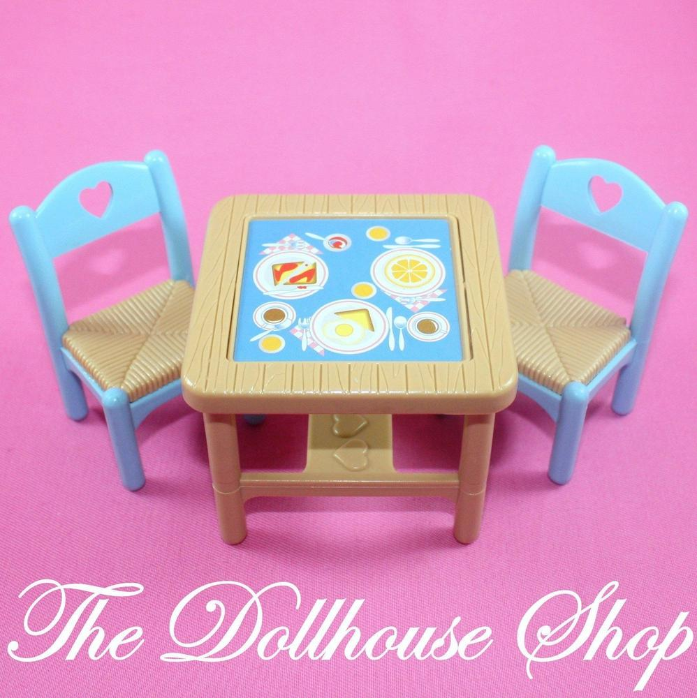 Fisher Price Loving Family Dream Dollhouse Dining Room Flip Table 2 Blue Chairs-Toys & Hobbies:Preschool Toys & Pretend Play:Fisher-Price:1963-Now:Dollhouses-Fisher-Price-Brown,Dining Room,Dollhouse,Dream Dollhouse,Fisher Price,Kitchen,Loving Family,Tables,Used-The Dollhouse Shop