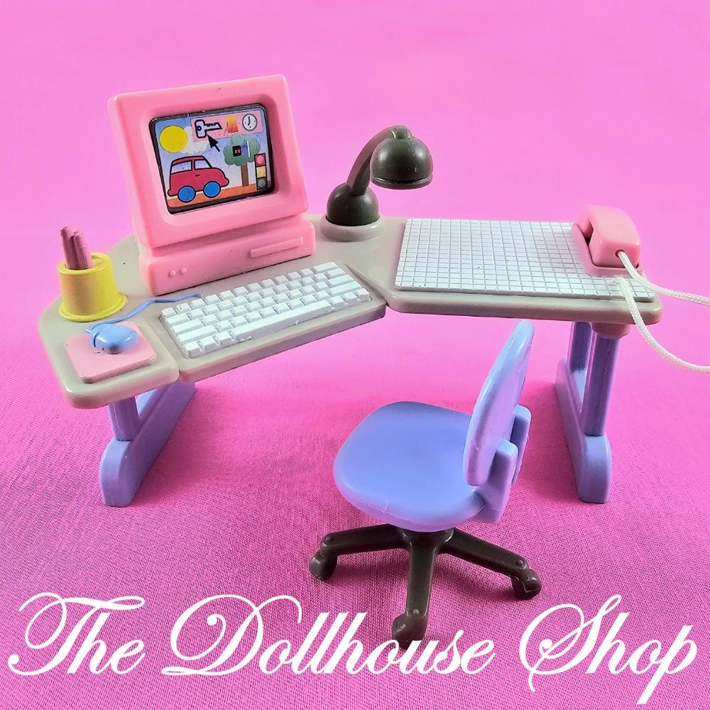Fisher Price Loving Family Dream Dollhouse Home Office Desk-Toys & Hobbies:Preschool Toys & Pretend Play:Fisher-Price:1963-Now:Dollhouses-Fisher-Price-Dollhouse,Dream Dollhouse,Fisher Price,Living Room,Loving Family,Office,Used-1997 Fisher Price Loving Family Dream Dollhouse Office Desk with flip computer screen, phone, chair. Find it now at The Dollhouse Shop!-The Dollhouse Shop