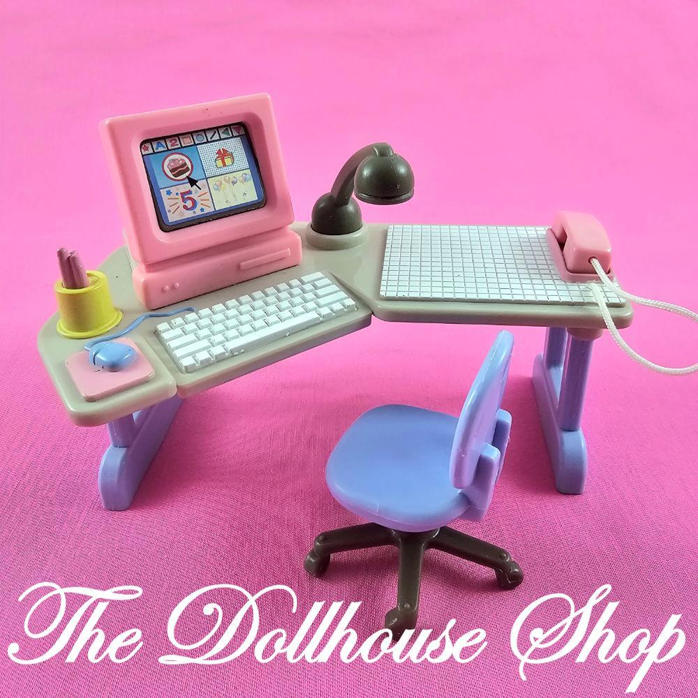 Fisher Price Loving Family Dream Dollhouse Home Office Desk-Toys & Hobbies:Preschool Toys & Pretend Play:Fisher-Price:1963-Now:Dollhouses-Fisher-Price-Dollhouse,Dream Dollhouse,Fisher Price,Living Room,Loving Family,Office,Used-1997 Fisher Price Loving Family Dream Dollhouse Office Desk with flip computer screen, phone, chair. Find it now at The Dollhouse Shop!-The Dollhouse Shop