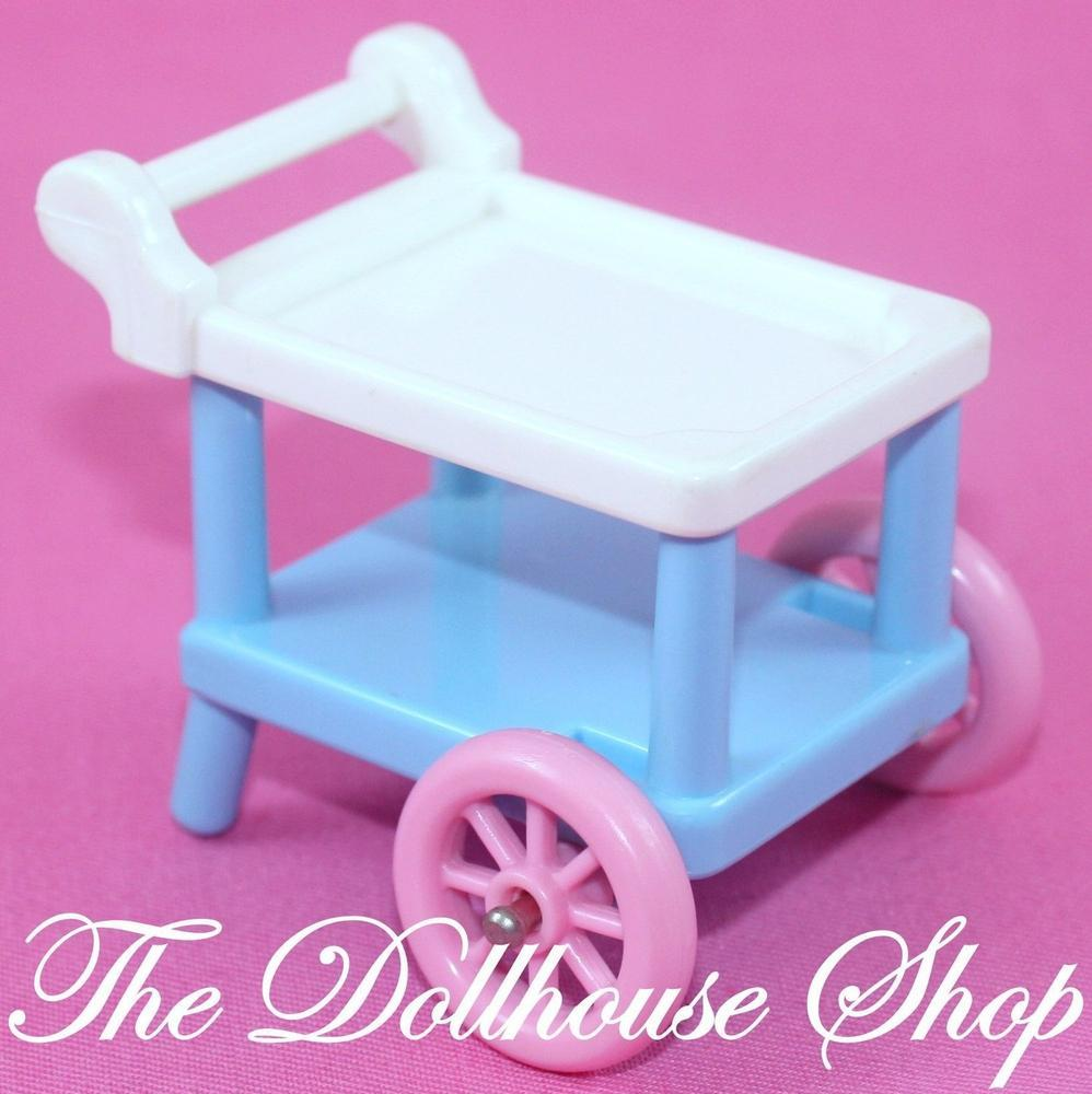 Fisher Price Loving Family Dream Dollhouse Kitchen Blue White Serving Cart-Toys & Hobbies:Preschool Toys & Pretend Play:Fisher-Price:1963-Now:Dollhouses-Fisher-Price-Dining Room,Dollhouse,Dream Dollhouse,Fisher Price,Kitchen,Loving Family,Used-The Dollhouse Shop