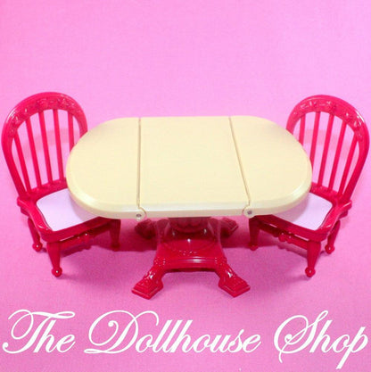 Fisher Price Loving Family Holiday Dollhouse Dining Room Table 2 Red Chairs-Toys & Hobbies:Preschool Toys & Pretend Play:Fisher-Price:1963-Now:Dollhouses-Fisher-Price-Chairs,Dining Room,Dollhouse,Fisher Price,Home for the Holidays,Home for the Holidays Dollhouse,Kitchen,Loving Family,Tables,Used-Fisher Price Loving Family Holiday Dollhouse dining table with 2 chairs folds for small spaces. Find it now at The Dollhouse Shop! Perfect for playtime fun.-The Dollhouse Shop