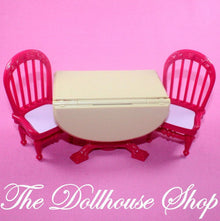 Fisher Price Loving Family Holiday Dollhouse Dining Room Table 2 Red Chairs-Toys & Hobbies:Preschool Toys & Pretend Play:Fisher-Price:1963-Now:Dollhouses-Fisher-Price-Chairs,Dining Room,Dollhouse,Fisher Price,Home for the Holidays,Home for the Holidays Dollhouse,Kitchen,Loving Family,Tables,Used-Fisher Price Loving Family Holiday Dollhouse dining table with 2 chairs folds for small spaces. Find it now at The Dollhouse Shop! Perfect for playtime fun.-The Dollhouse Shop