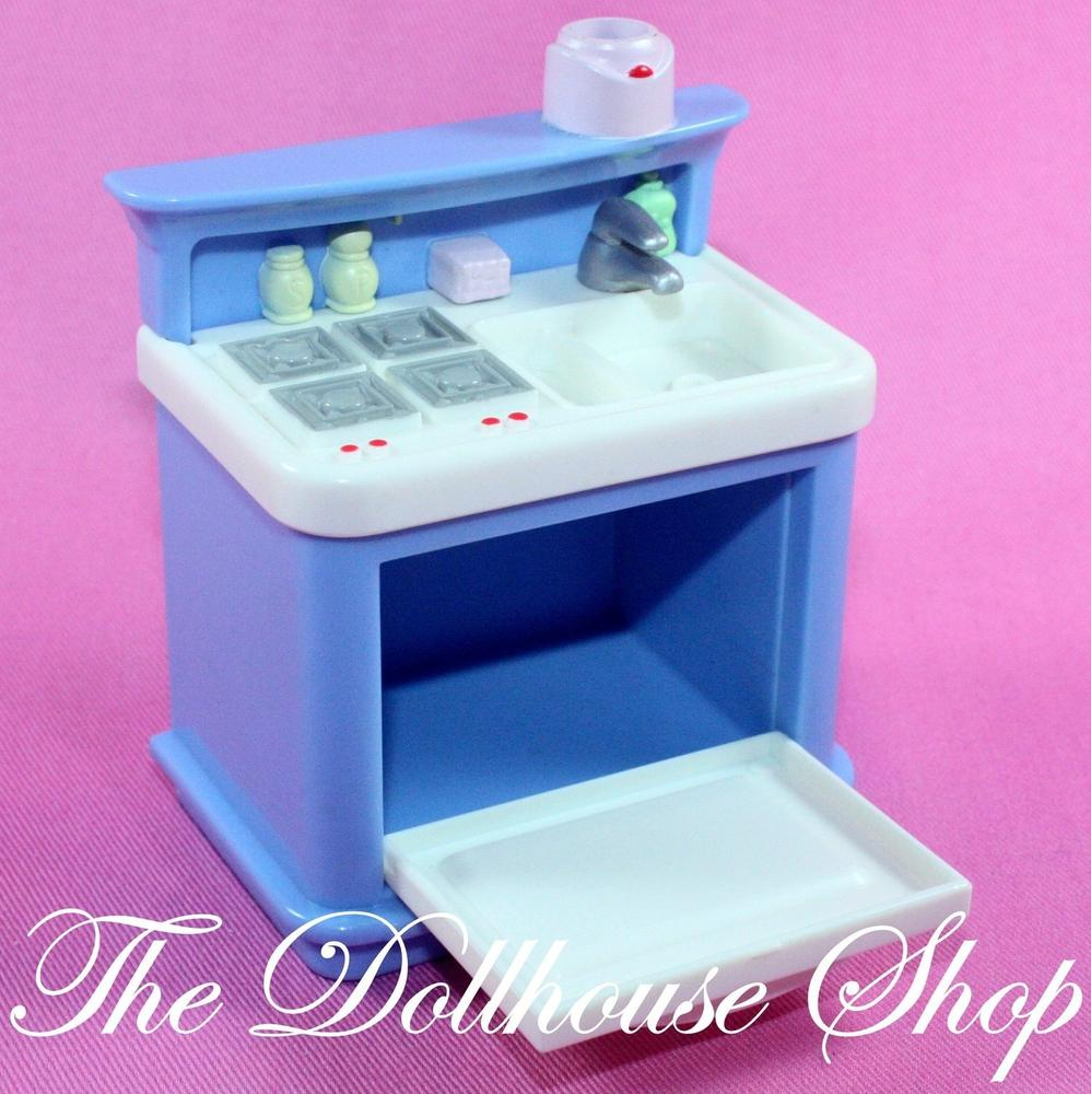 Fisher Price Loving Family New Additions Dollhouse Blue Kitchen Stove Oven Sink-Toys & Hobbies:Preschool Toys & Pretend Play:Fisher-Price:1963-Now:Dollhouses-Fisher-Price-Blue,Dollhouse,Fisher Price,Kitchen,Loving Family,New Additions Dollhouse,Used-The Dollhouse Shop