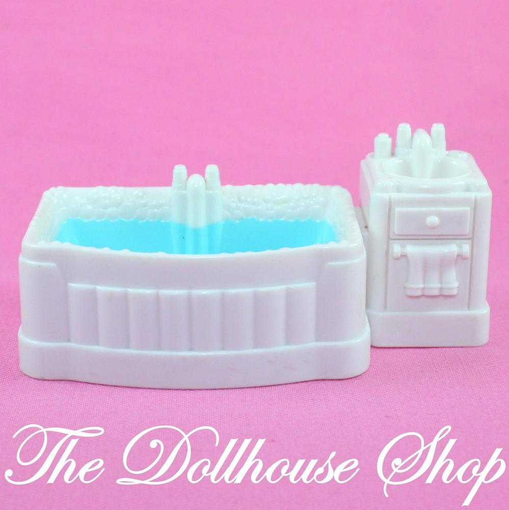 Fisher Price Loving Family Sweet Streets Dollhouse Bathroom Country Bath Tub-Toys & Hobbies:Preschool Toys & Pretend Play:Fisher-Price:1963-Now:Dollhouses-Fisher-Price-Bathroom,Blue,Dollhouse,Fisher Price,Sweet Streets,Used,White-The Dollhouse Shop