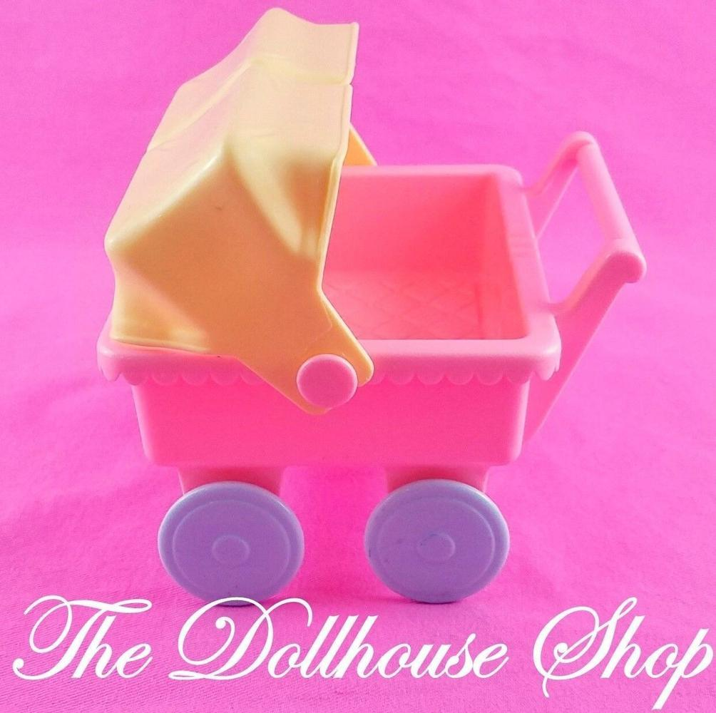 Playskool Victorian Dollhouse Nursery Pink Baby Doll Twin Double Pram Stroller-Toys & Hobbies:Preschool Toys & Pretend Play:Playskool-Playskool-Baby,Dollhouse,Nursery Room,Pink,Playskool Dollhouse,Used-The Dollhouse Shop