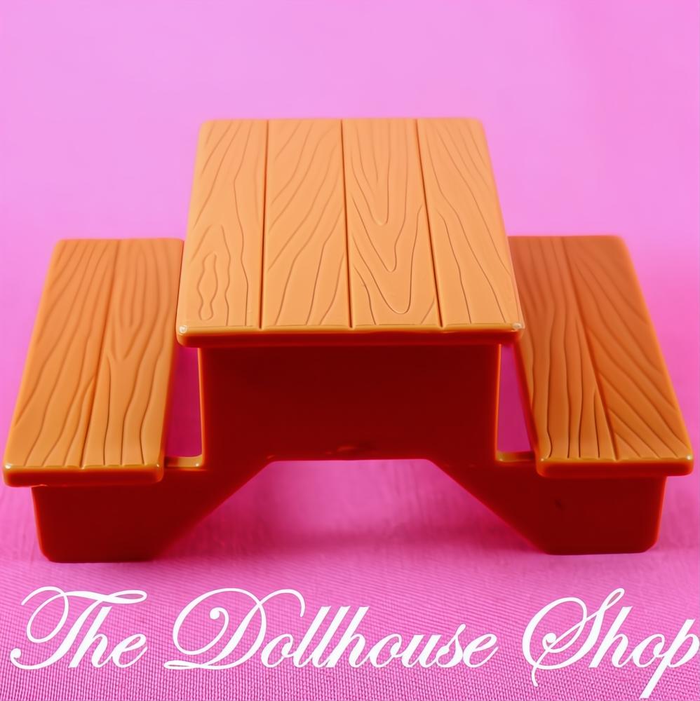 Fisher-Price Loving Family Dollhouse Backyard Brown Picnic Table Bench Seat-The Dollhouse Shop