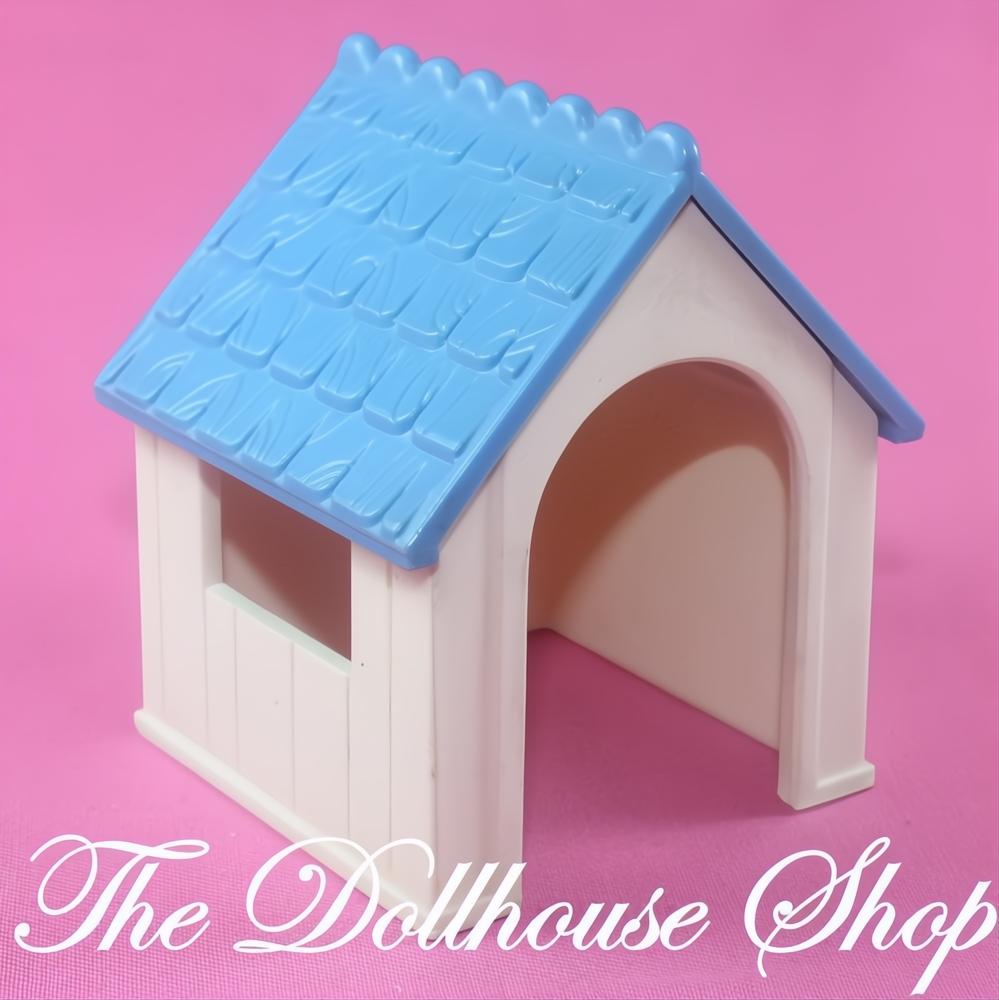 Fisher-Price Loving Family Dollhouse Blue White Pet Dog Kennel House-The Dollhouse Shop