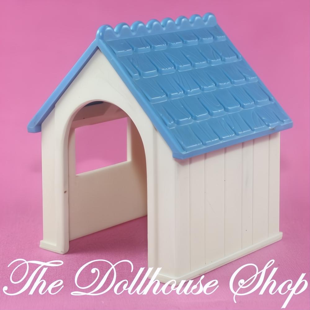 Fisher-Price Loving Family Dollhouse Blue White Pet Dog Kennel House-The Dollhouse Shop