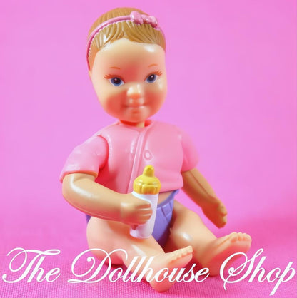 Fisher-Price Loving Family Dollhouse Brown Hair Baby Girl Doll Pink top headband-The Dollhouse Shop