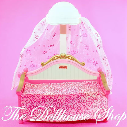 Fisher Price Loving Family Dollhouse Pink Canopy Dolls Bed Kids Bedroom-The Dollhouse Shop