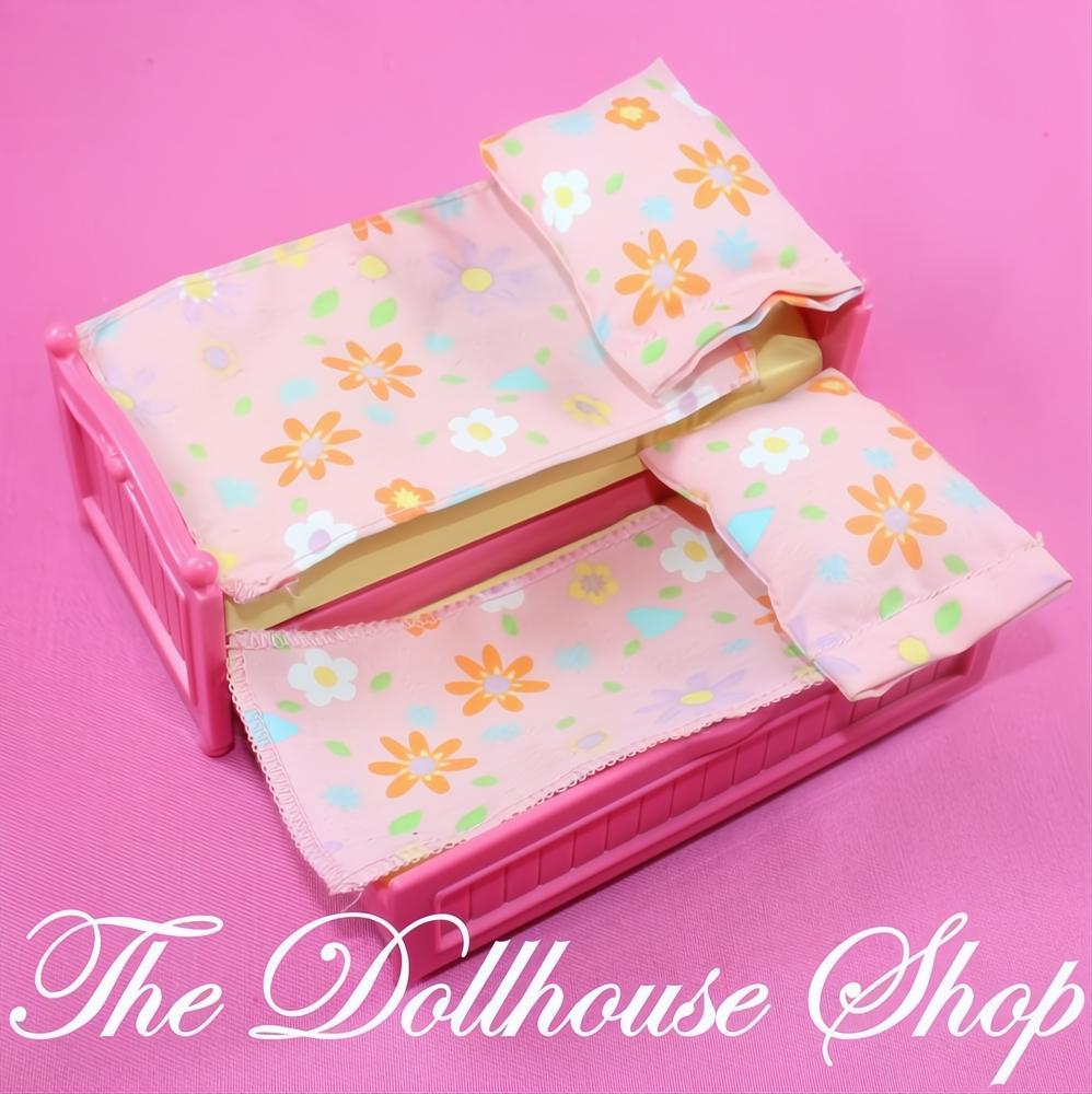 Fisher-Price Loving Family Dollhouse Pink Twin Trundle Bed 2 Pillows-The Dollhouse Shop