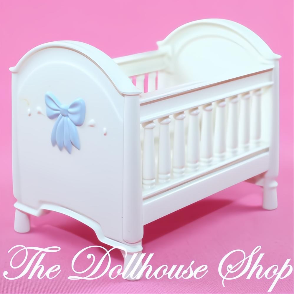 Fisher Price Loving Family Dollhouse White Baby Boy Nursery Crib blue bow-The Dollhouse Shop