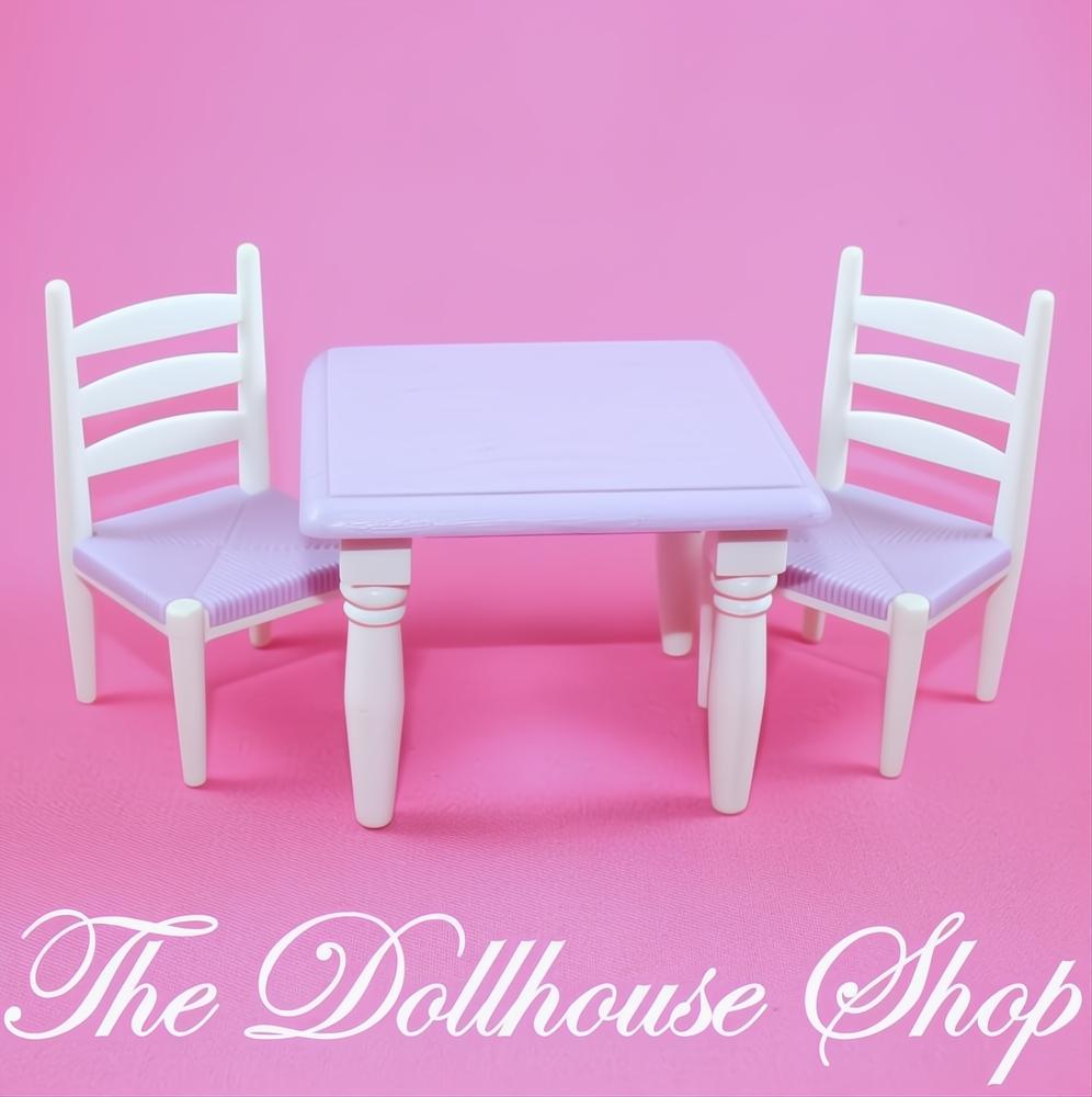 Fisher-Price Loving Family Dollhouse White Purple Dining Table Chairs-The Dollhouse Shop