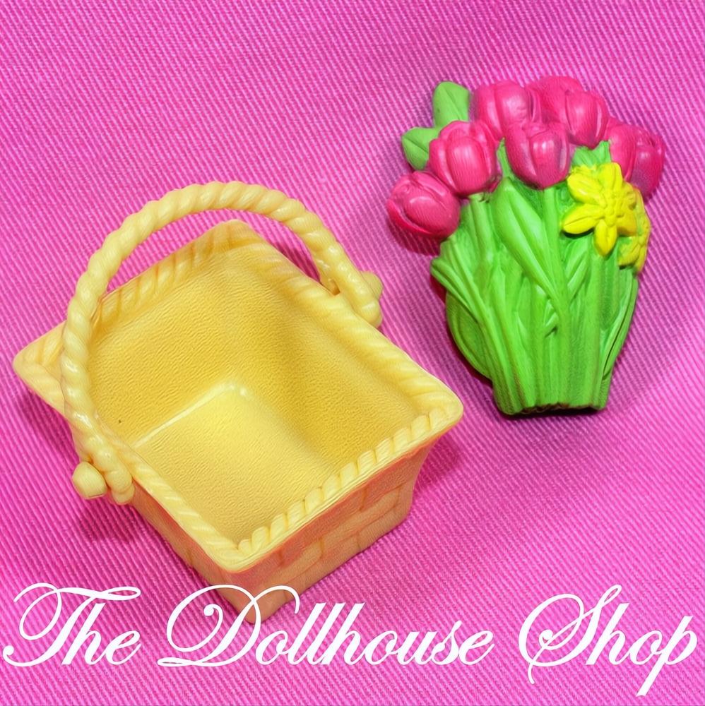Fisher-Price Loving Family Dollhouse Yellow Basket with Tulips Flowers-The Dollhouse Shop