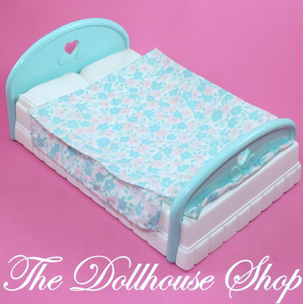 Fisher Price Loving Family Dream Dollhouse Blue White Floral Parents Double Bed-The Dollhouse Shop