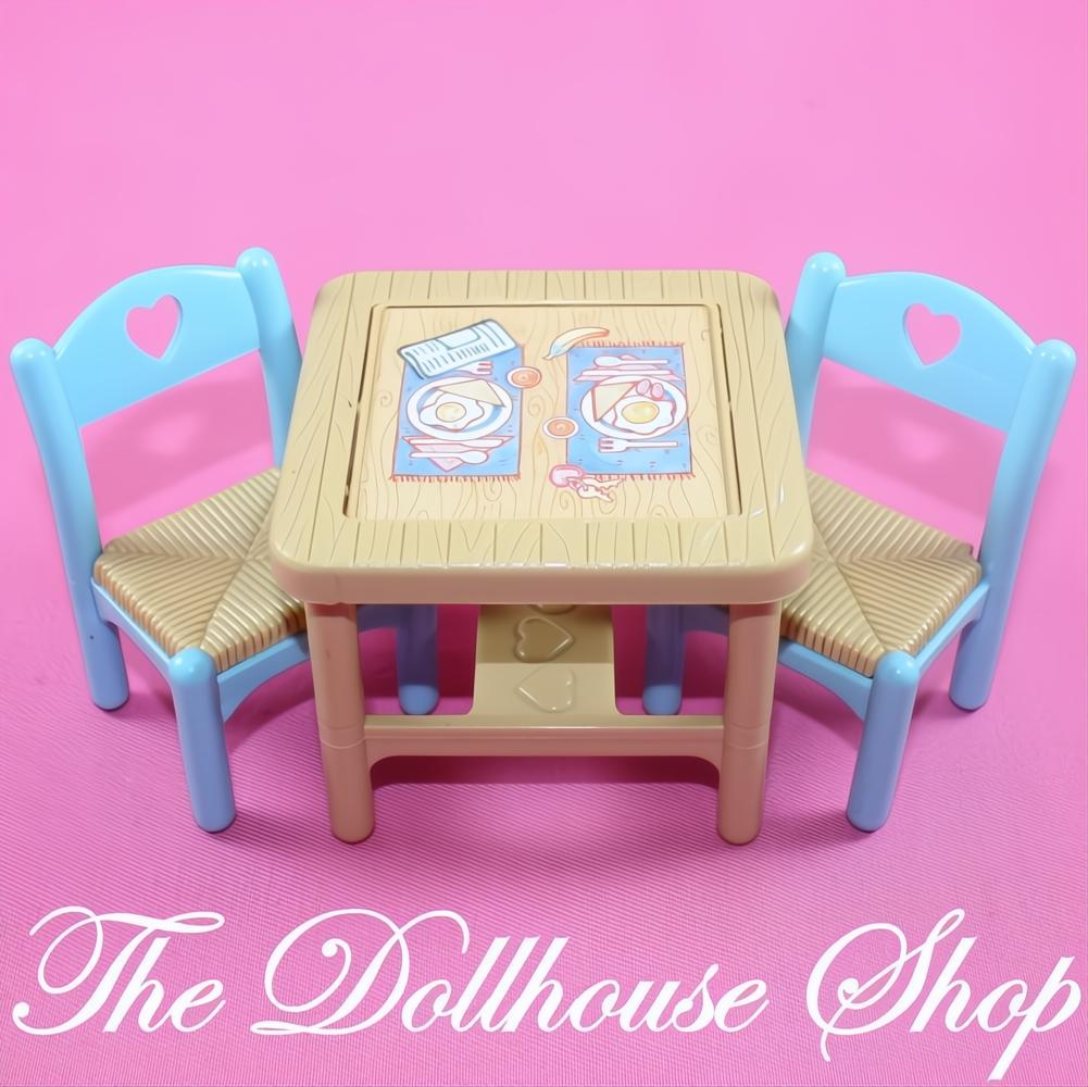 Fisher-Price Loving Family Dream Dollhouse Tan Flip Table with 2 Blue Chairs-The Dollhouse Shop