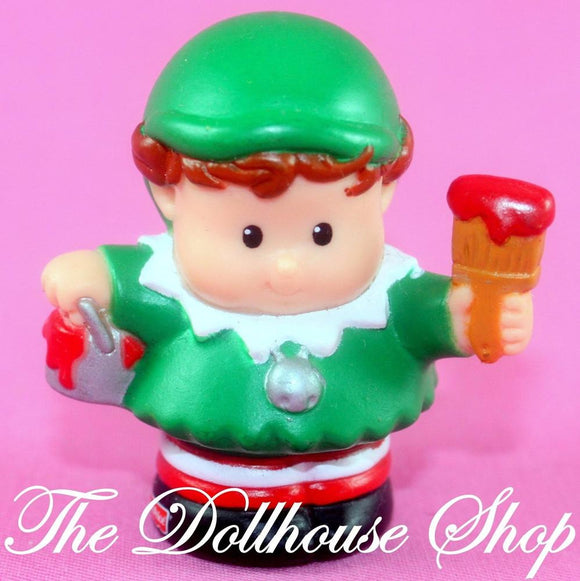Fisher Price Little People Dollhouse Christmas Holiday Green Elf Red Paint Brush-Toys & Hobbies:Preschool Toys & Pretend Play:Fisher-Price:1963-Now:Little People (1997-Now)-Fisher-Price-Boy Dolls,Christmas,Dollhouse,Dolls,Fisher Price,Holidays & Seasonal,Little People,Used-The Dollhouse Shop