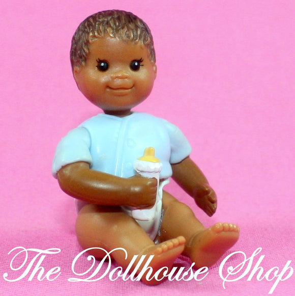 Fisher Price Loving Family Dollhouse African American Blue Baby Boy Doll-Toys & Hobbies:Preschool Toys & Pretend Play:Fisher-Price:1963-Now:Dollhouses-Fisher-Price-African American, Baby, Boy Dolls, Brown Hair, Dollhouse, Dolls, Fisher Price, Loving Family, Twin Time, Twins, Used-The Dollhouse Shop