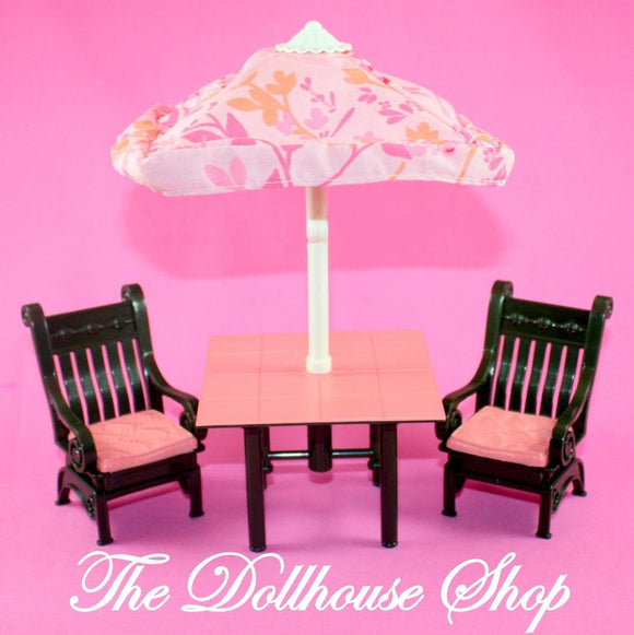 Fisher Price Loving Family Dollhouse Backyard Fun Patio Table Chairs Umbrella-Toys & Hobbies:Preschool Toys & Pretend Play:Fisher-Price:1963-Now:Dollhouses-Fisher-Price-Backyard Fun,Chairs,Dollhouse,Fisher Price,Loving Family,Outdoor Furniture,Tables,Used-The Dollhouse Shop