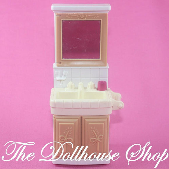 Fisher Price Loving Family Dollhouse Bathroom Brown Vanity Sink with Mirror-Toys & Hobbies:Preschool Toys & Pretend Play:Fisher-Price:1963-Now:Dollhouses-Fisher-Price-Bathroom,Brown,Dollhouse,Fisher Price,Loving Family,Twin Time,Used-The Dollhouse Shop