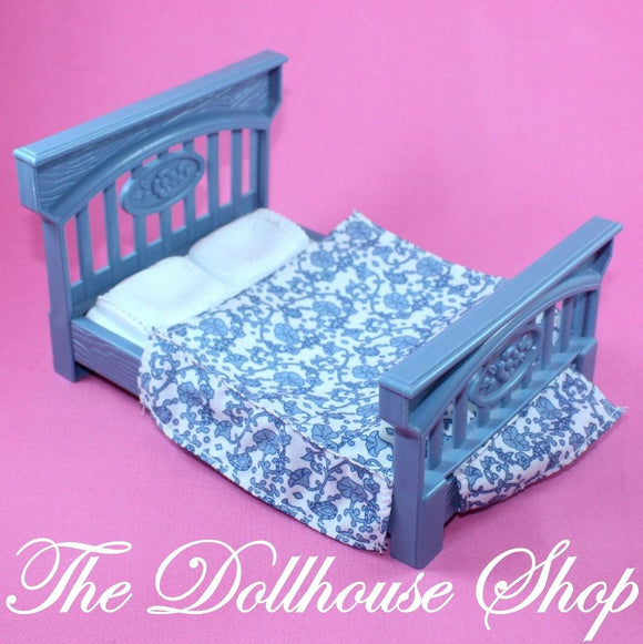 Fisher Price Loving Family Dollhouse Blue White Floral Parents Bed-Toys & Hobbies:Preschool Toys & Pretend Play:Fisher-Price:1963-Now:Dollhouses-Fisher-Price-Bedroom, Blue, Dollhouse, Dream Dollhouse, Fisher Price, Loving Family, Parents Bedroom, Used-The Dollhouse Shop