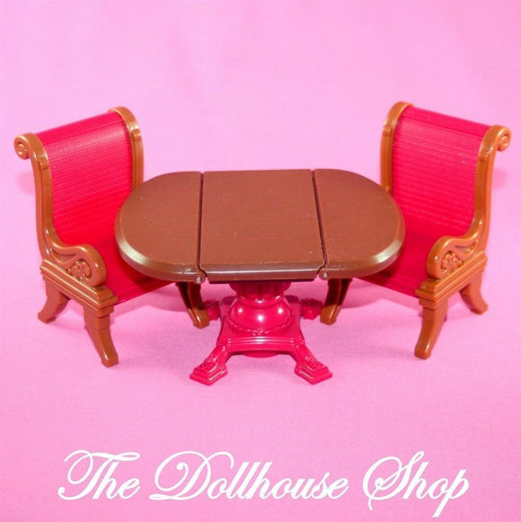 Fisher Price Loving Family Dollhouse Brown Dining Room Table 2 Red Chairs-Toys & Hobbies:Preschool Toys & Pretend Play:Fisher-Price:1963-Now:Dollhouses-Fisher-Price-Chairs, Dining Room, Dollhouse, Fisher Price, Kitchen, Loving Family, Tables, Used-The Dollhouse Shop
