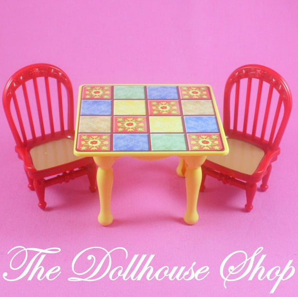 Fisher Price Loving Family Dollhouse Dining Room Table 2 Red Chairs-Toys & Hobbies:Preschool Toys & Pretend Play:Fisher-Price:1963-Now:Dollhouses-Fisher-Price-Dining Room,Dollhouse,Fisher Price,Loving Family,Tables,Used-The Dollhouse Shop