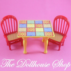 Fisher Price Loving Family Dollhouse Dining Room Table 2 Red Chairs-Toys & Hobbies:Preschool Toys & Pretend Play:Fisher-Price:1963-Now:Dollhouses-Fisher-Price-Dining Room, Dollhouse, Fisher Price, Loving Family, Tables, Used-The Dollhouse Shop