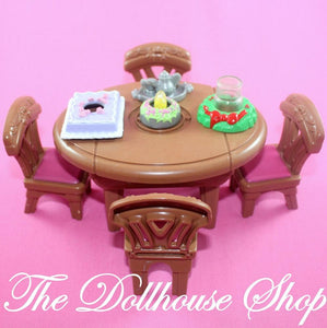 Fisher Price Loving Family Dollhouse Musical Christmas Dining Room Table Chairs-Toys & Hobbies:Preschool Toys & Pretend Play:Fisher-Price:1963-Now:Dollhouses-Fisher-Price-Brown,Christmas,Dining Room,Dollhouse,Fisher Price,Holidays & Seasonal,Loving Family,Tables,Used-The Dollhouse Shop