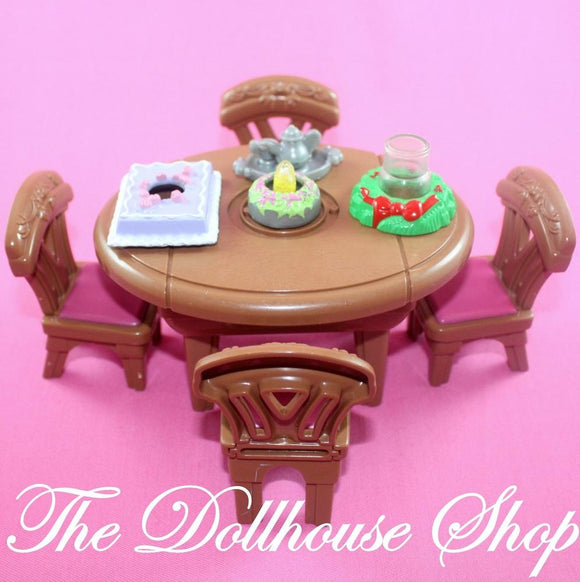 Fisher Price Loving Family Dollhouse Musical Christmas Dining Room Table Chairs-Toys & Hobbies:Preschool Toys & Pretend Play:Fisher-Price:1963-Now:Dollhouses-Fisher-Price-Brown,Christmas,Dining Room,Dollhouse,Fisher Price,Holidays & Seasonal,Loving Family,Tables,Used-The Dollhouse Shop
