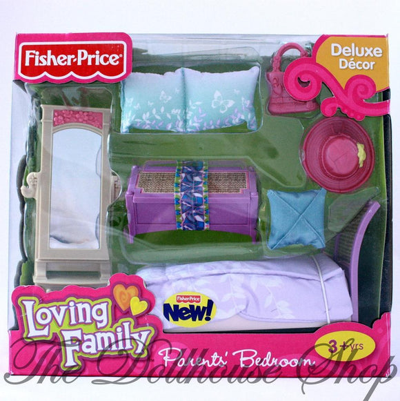 Fisher Price Loving Family Dollhouse Parents Bedroom Bed Mirror Pillows-Toys & Hobbies:Preschool Toys & Pretend Play:Fisher-Price:1963-Now:Dollhouses-Fisher-Price-Bedroom, Doll Dress Ups, Dollhouse, Fisher Price, Loving Family, New, New Boxed Sets, Parents Bedroom, Pillows-746775085094-The Dollhouse Shop