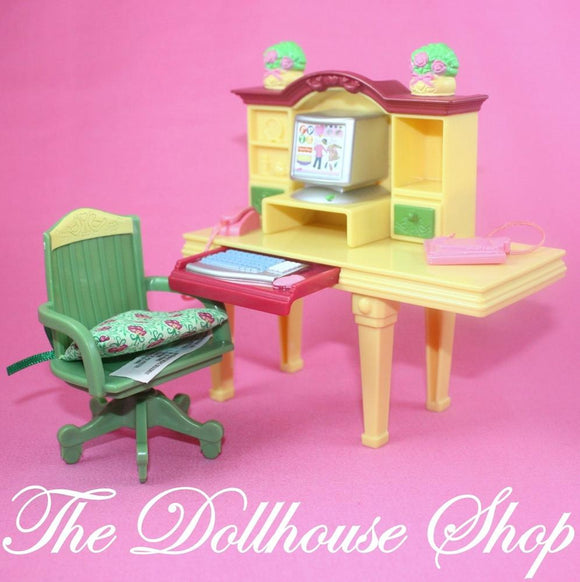 Fisher Price Loving Family Dollhouse Yellow Office Computer Desk Green Chair-Toys & Hobbies:Preschool Toys & Pretend Play:Fisher-Price:1963-Now:Dollhouses-Fisher-Price-Dollhouse,Fisher Price,Kids Bedroom,Loving Family,Office,Used-The Dollhouse Shop