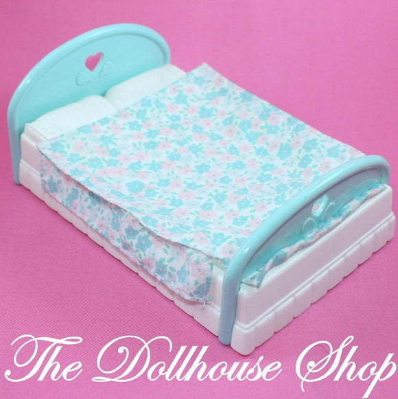 Fisher Price Loving Family Dream Dollhouse Blue White Floral Parents Double Bed-Toys & Hobbies:Preschool Toys & Pretend Play:Fisher-Price:1963-Now:Dollhouses-Fisher-Price-Bedroom, Blue, Dollhouse, Dream Dollhouse, Fisher Price, Loving Family, Parents Bedroom, Used, White-The Dollhouse Shop