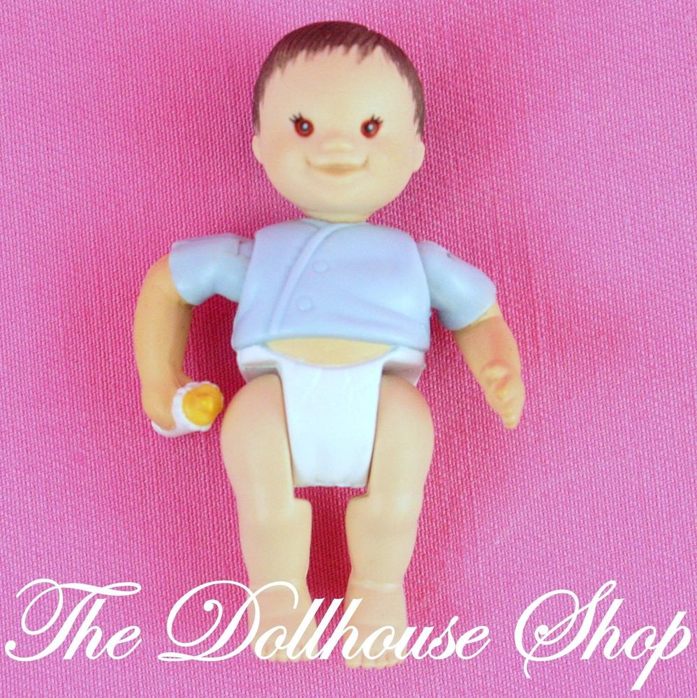 Fisher Price Loving Family Twin Time Dollhouse Asian Blue Baby Boy Doll  Bottle