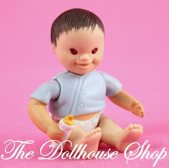 Fisher Price Loving Family Twin Time Dollhouse Asian Blue Baby Boy Doll Bottle-Toys & Hobbies:Preschool Toys & Pretend Play:Fisher-Price:1963-Now:Dollhouses-Fisher-Price-Asian, Baby, Boy Dolls, Brown Hair, Dollhouse, Dolls, Fisher Price, Loving Family, Twin Time, Twins, Used-The Dollhouse Shop