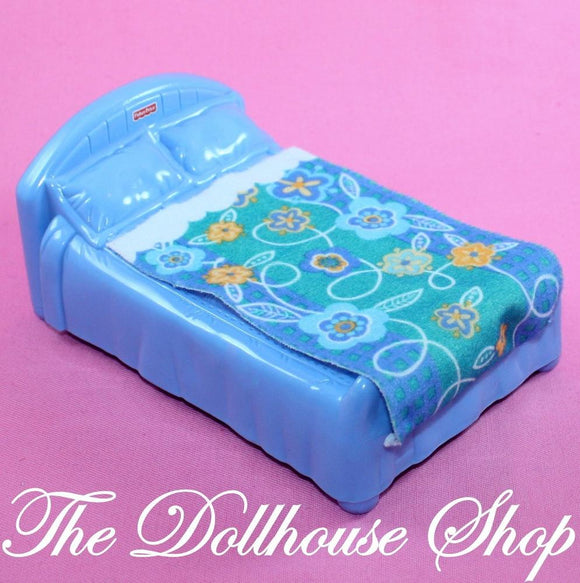 Fisher Price My First Dollhouse Parents Bedroom Doll's Blue Double Bed-Toys & Hobbies:Preschool Toys & Pretend Play:Fisher-Price:1963-Now:Dollhouses-Fisher-Price-Bedroom, Dollhouse, Fisher Price, My First Dollhouse, Parents Bedroom, Used-The Dollhouse Shop