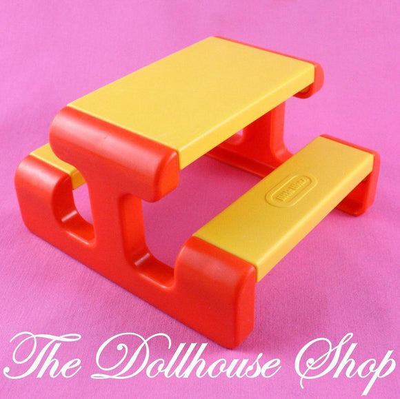 Little Tikes Dollhouse Backyard Yellow Orange Picnic Table Bench Seats-Toys & Hobbies:Preschool Toys & Pretend Play:Fisher-Price:1963-Now:Dollhouses-Fisher-Price-Backyard Fun,Brown,Camping Sets,Dollhouse,Little Tikes,Outdoor Furniture,Tables,Used-The Dollhouse Shop