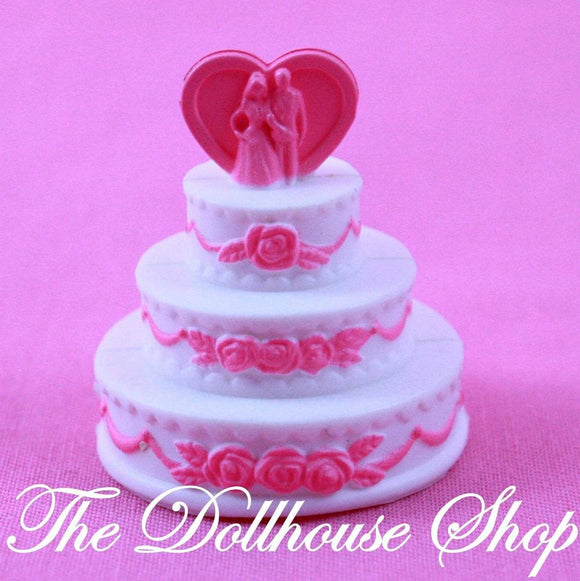 Mattel Barbie Dollhouse Pink White Wedding Cake Food Kitchen-Toys & Hobbies:Preschool Toys & Pretend Play:Fisher-Price:1963-Now:Dollhouses-Mattel-Barbie, Dollhouse, Food Accessories, Kitchen, Used, Wedding Set-The Dollhouse Shop