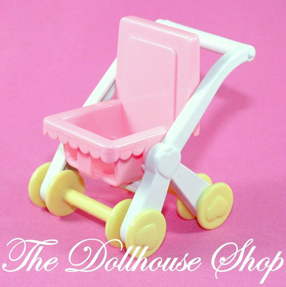 Playskool for Fisher Price Dollhouse Pink Baby Doll Pram Stroller Nursery-Toys & Hobbies:Preschool Toys & Pretend Play:Playskool-Playskool-Baby, Dollhouse, Nursery Room, Pink, Playskool Dollhouse, Used-The Dollhouse Shop